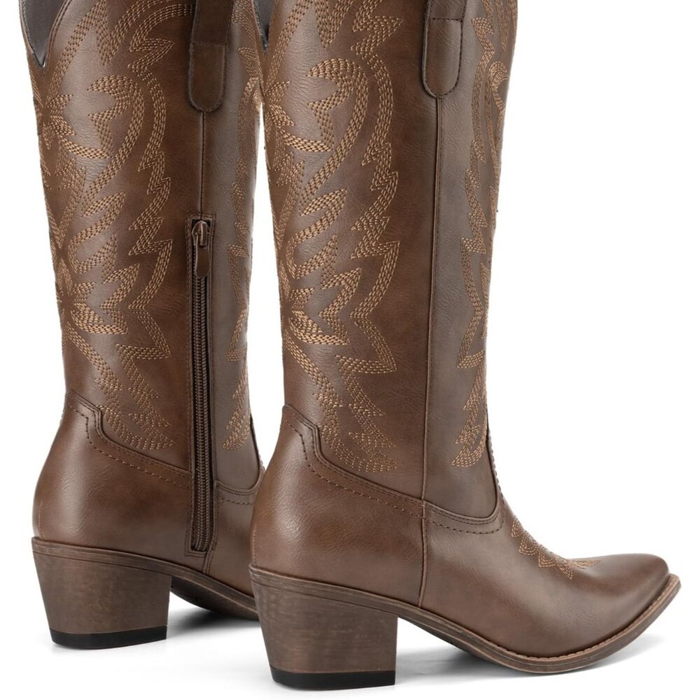 Women Brown Fashion Low Chunky Heel Snip Toe Embroidery Western Mid Calf Boots - Picture 6 of 6